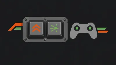 Illustration of a grey industrial control panel with two key caps, an upward chevron and a dash glyph, beside a gamepad outline