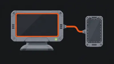Illustration of a grey desktop monitor plate linked by an orange cable to a dimmed, dashed phone plate