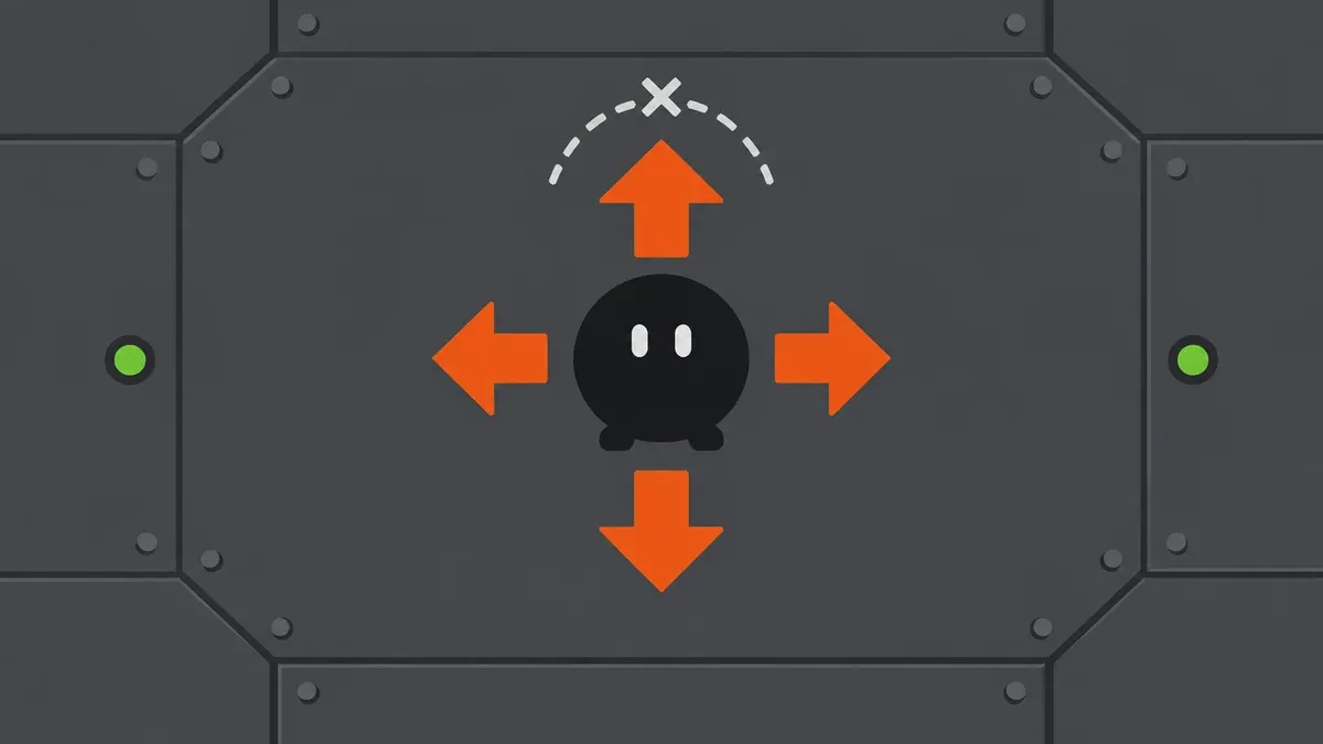 Illustration of the black blob character surrounded by four orange directional arrows, with a crossed-out dashed jump arc above