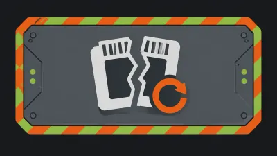 Illustration of a grey warning panel with hazard stripes around a cracked save cartridge and a recovery arrow