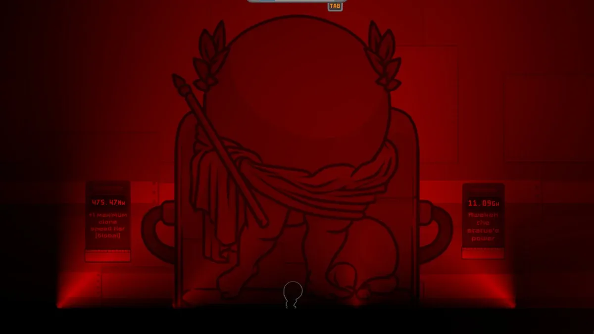 Official IGTAP screenshot of two upgrade pedestals beside the red-lit statue