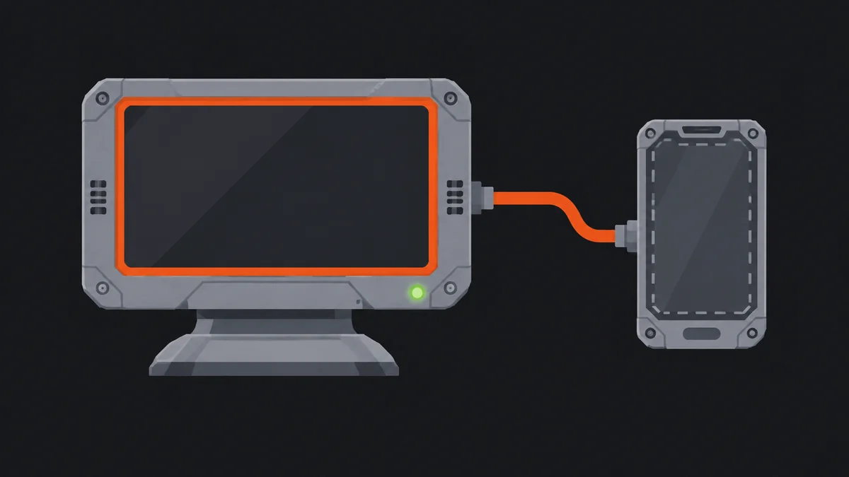 Illustration of a desktop screen linked by a cable to a dimmed phone plate